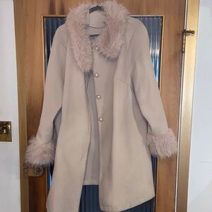 Women's Cream Coat with Faux Fur Trim